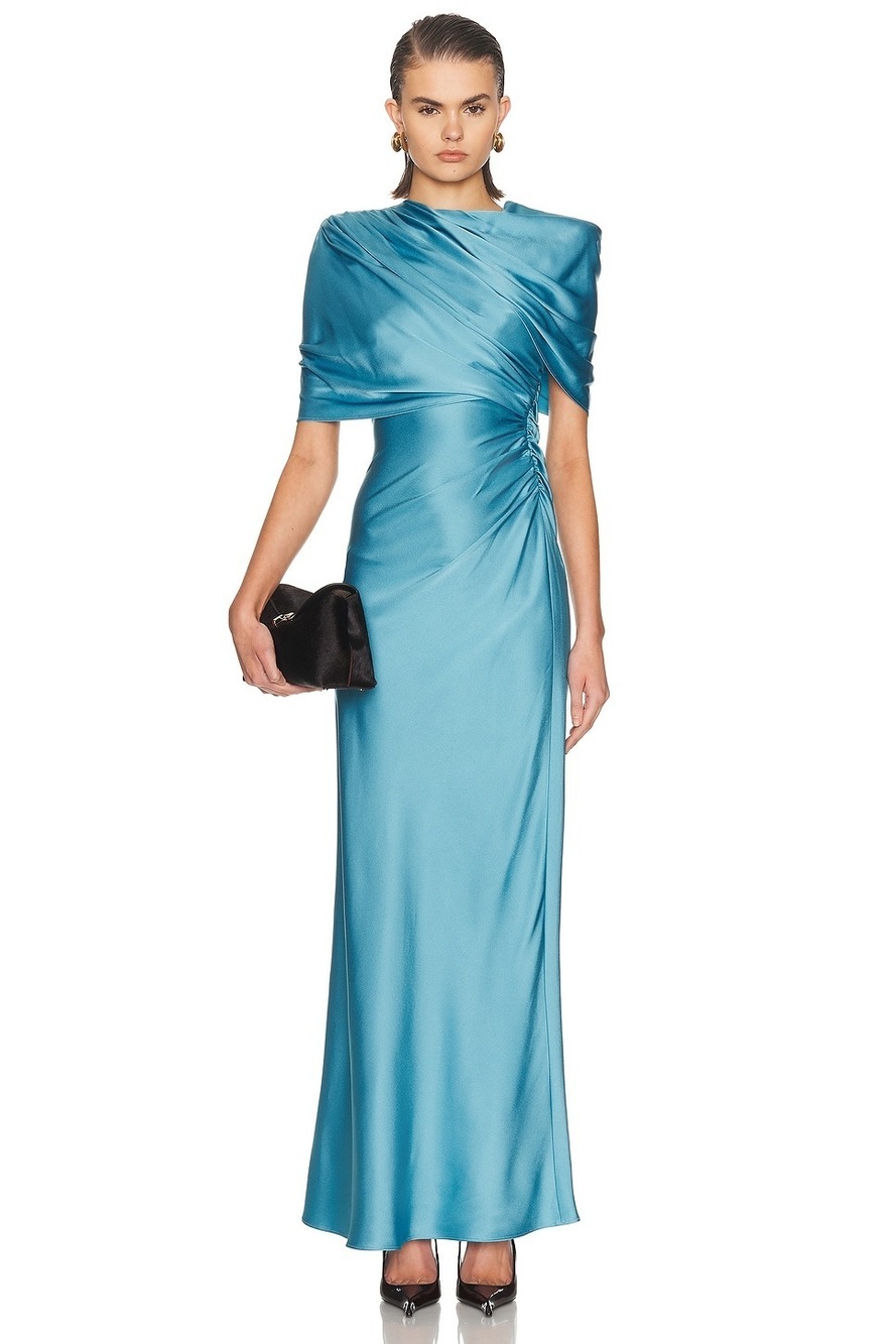 New Stella McCartney Draped Cape Gown in Steel Blue satin shoulder cover maxi